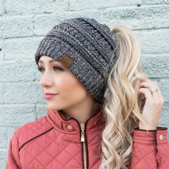 C.C Accessories - Gray Confetti Messy Bun Beanie